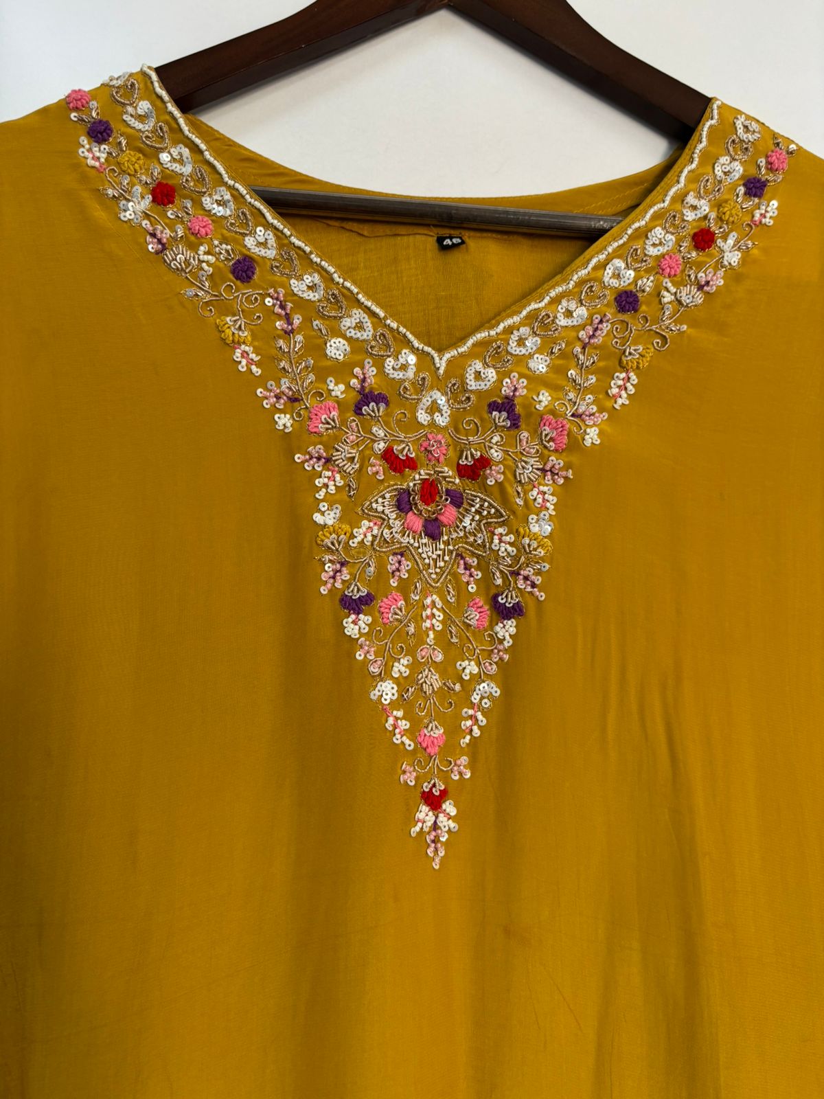 Yellow Crepe Thread Embroidery Cord Set Kurtha 483