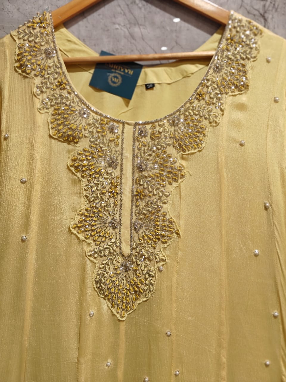 Lemon Yellow Anarkali Chinnon Hand Embroidery Kurtha 567