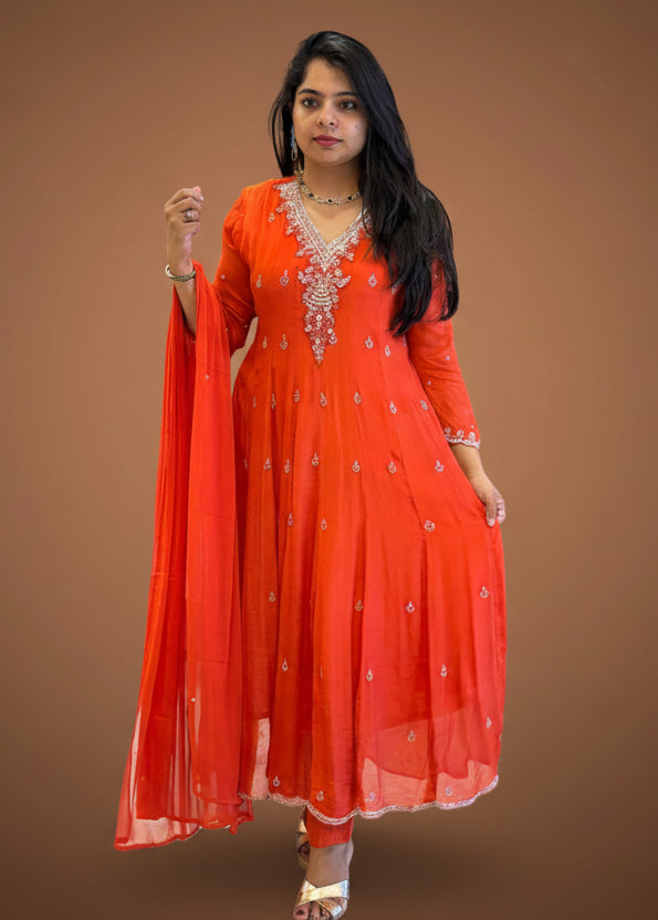 Orange Anarkali Chinnon Hand Embroidery Kurtha 567
