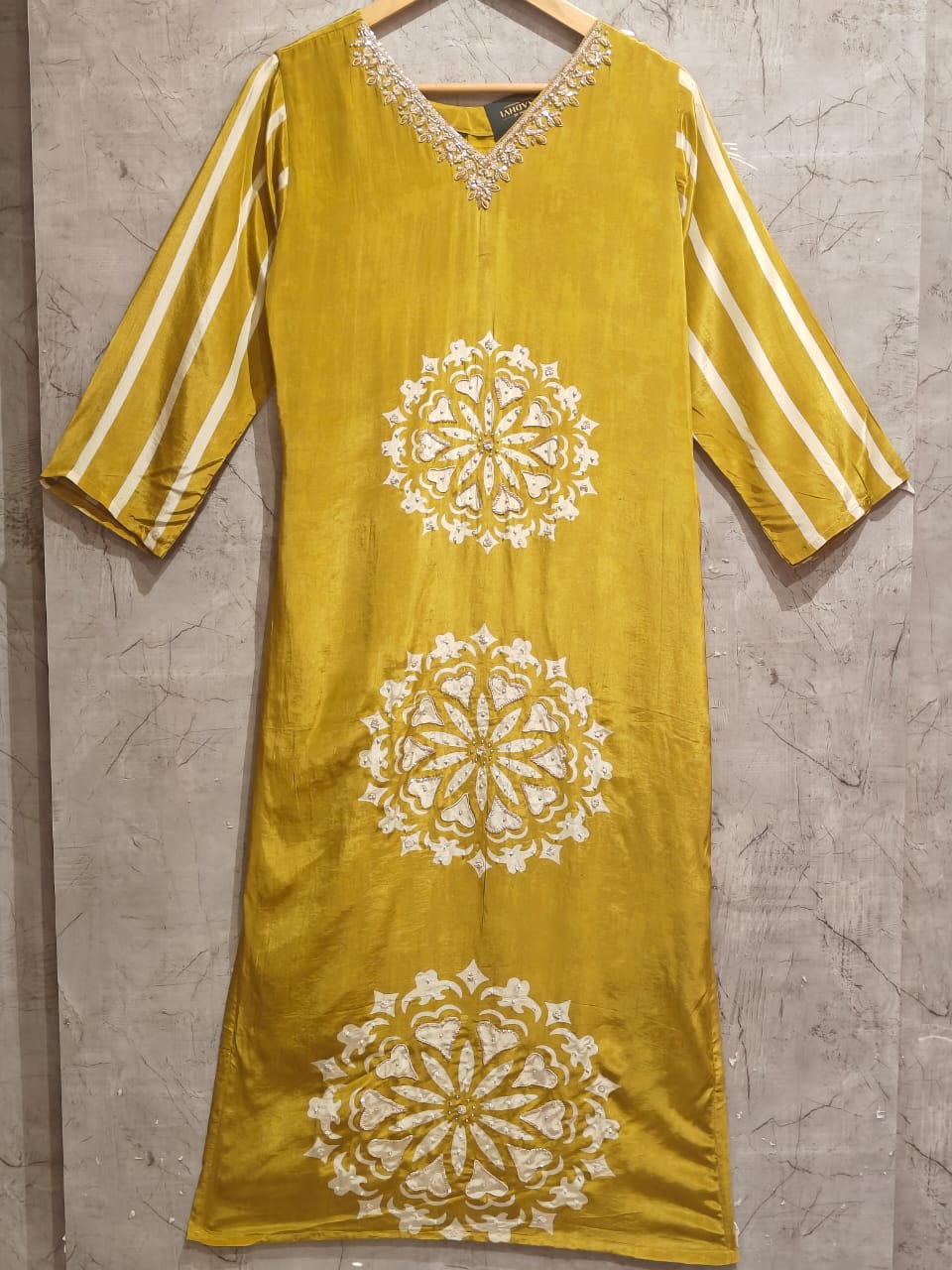 Musturd Yellow Digital Print Handwork Crepe Kurtha 533
