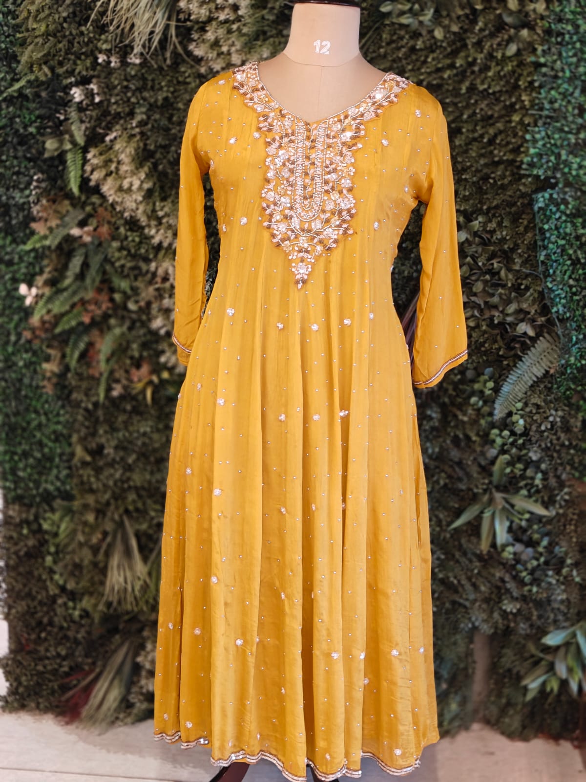 “Pari" Yellow Anarkali chinnon handwork party ware Kurtha 567