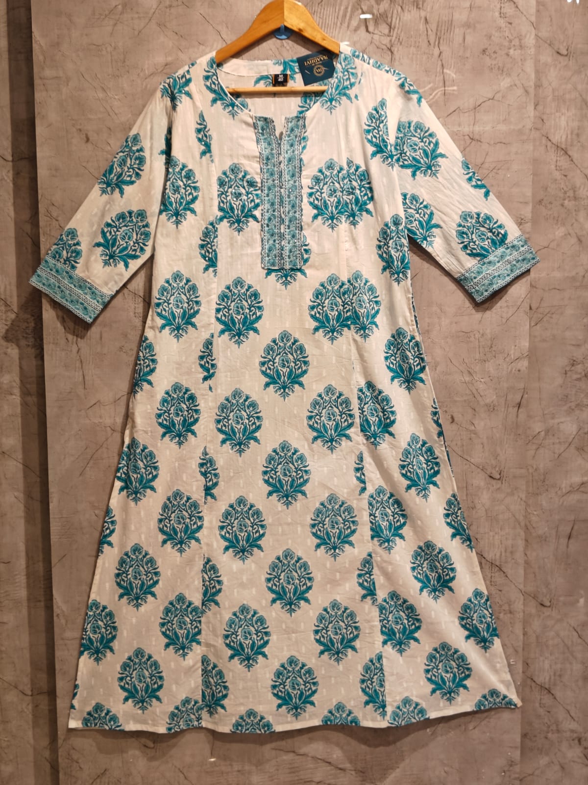 White With Blue Cotton Block Print Anarkali  Kurtha