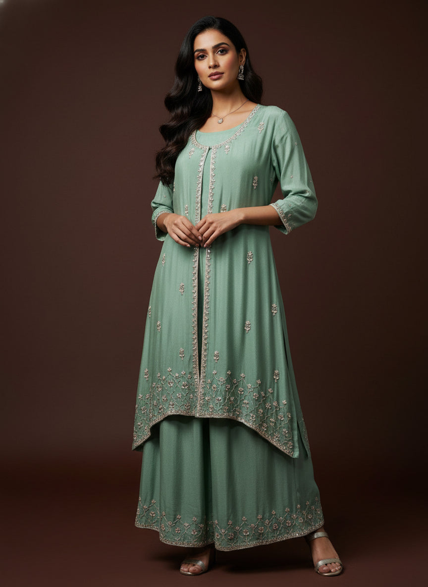 Pista Green Designer Kurtha Set with Handwork cape Jacket and Palzoo Pant 43