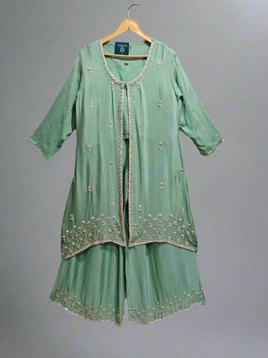 Pista Green Designer Kurtha Set with Handwork cape Jacket and Palzoo Pant 43