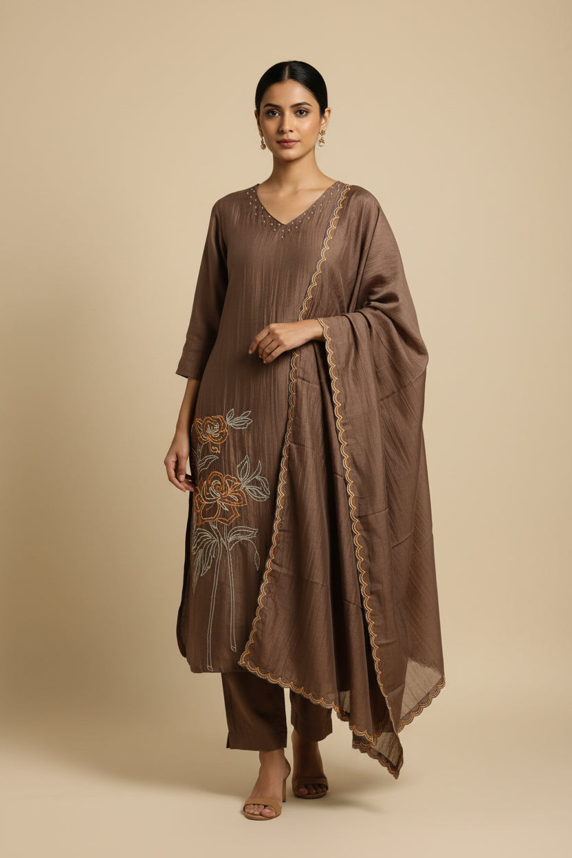 Brown Mul Chanderi Thread Embroidery A Line Kurtha 63