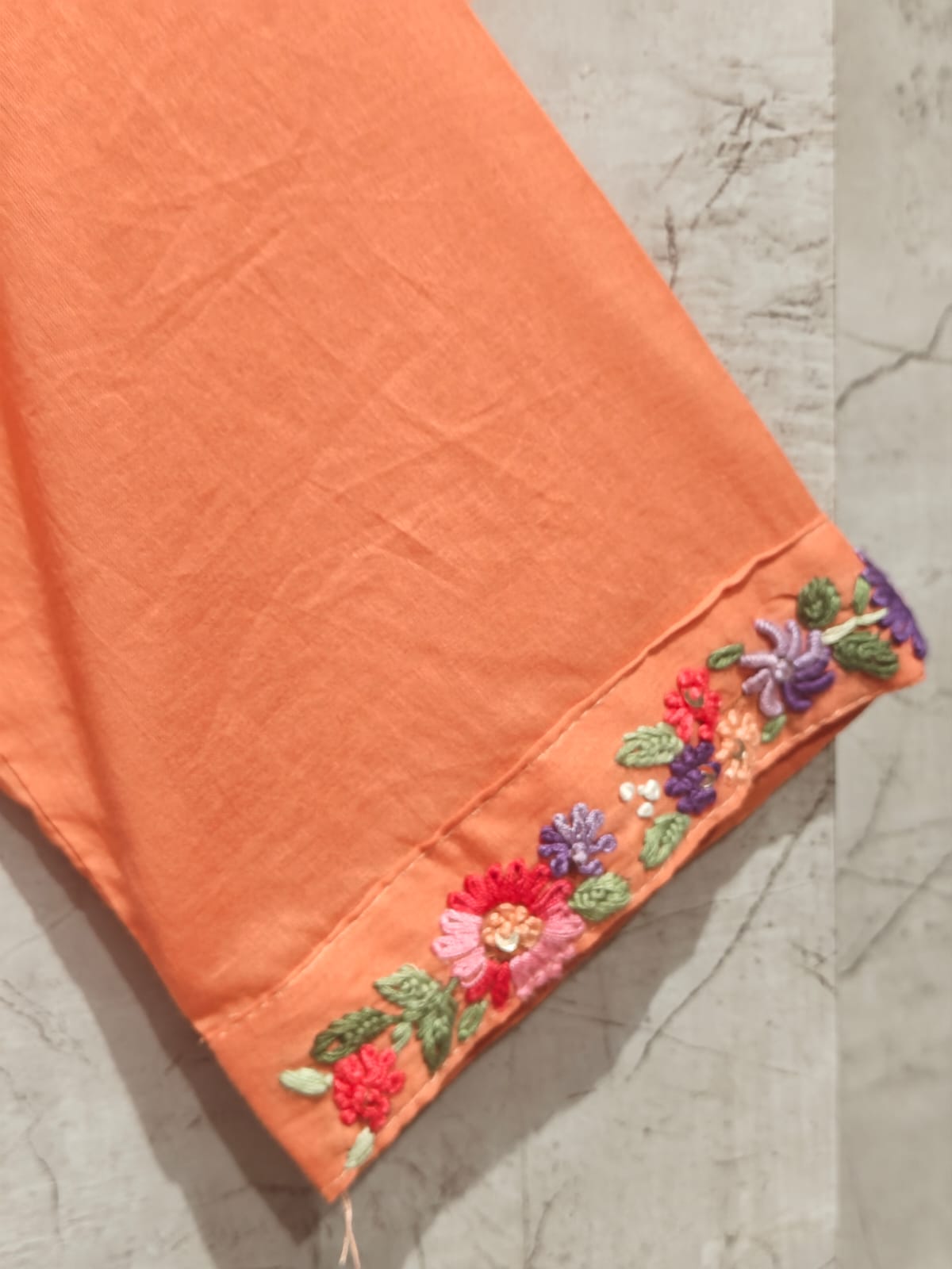 Orange Cotton Hand Embroidery Straight Fit Kurtha 212