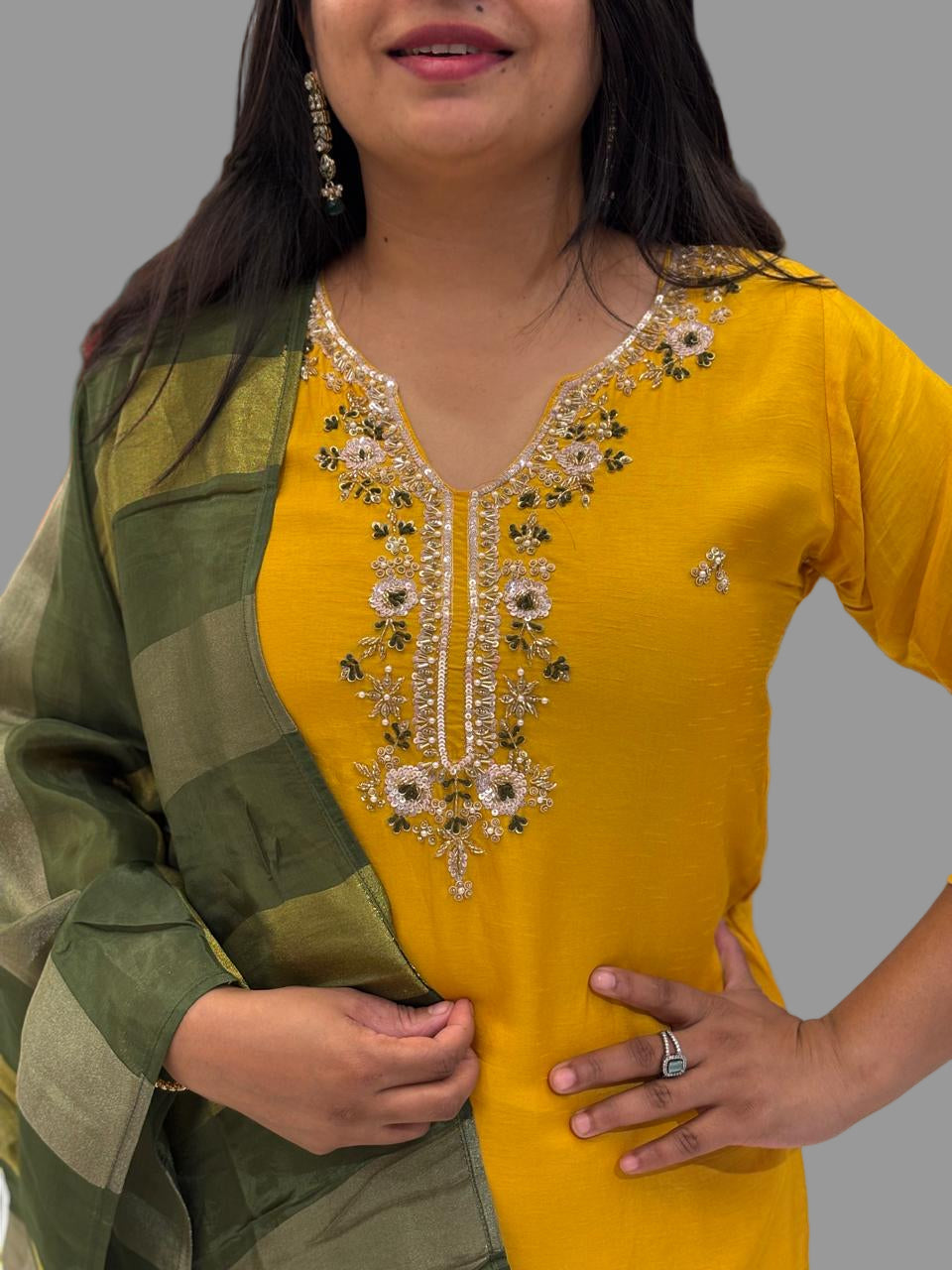 Yellow Dola Silk Handwork Straight Fit Kurtha 39
