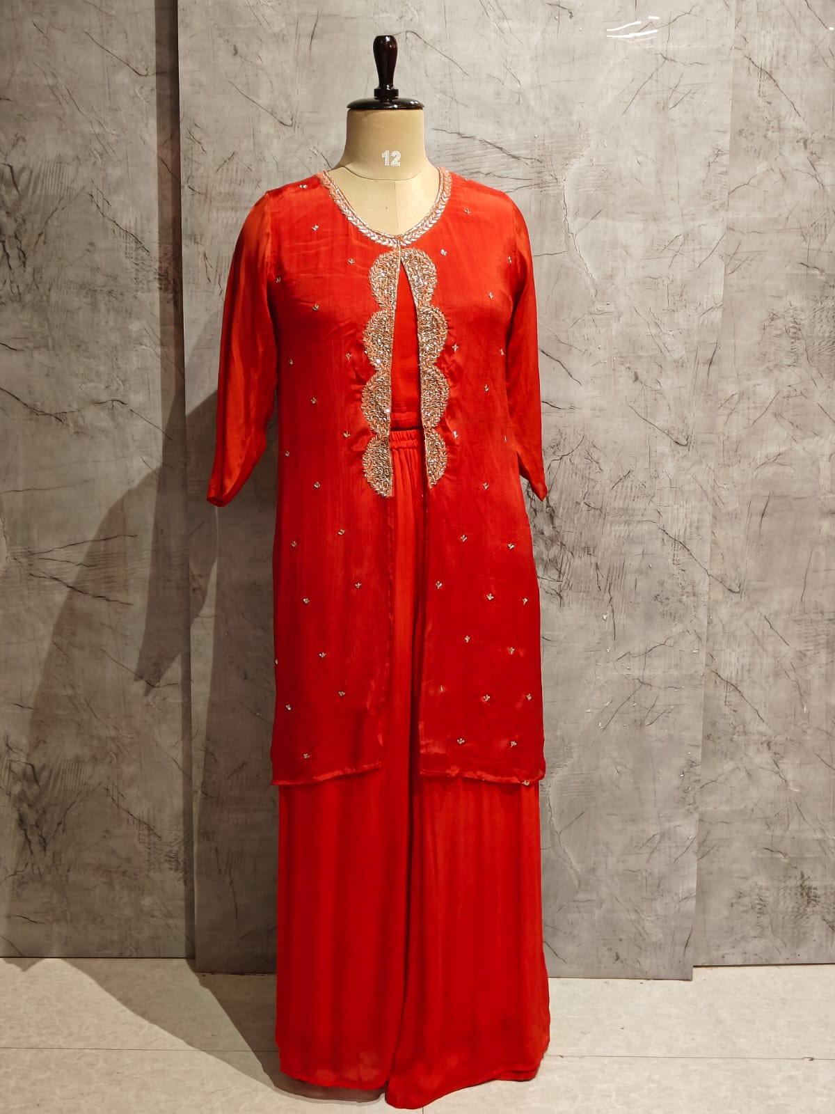 “Pari" Orange Designer Kurtha 43 Set with Handwork Top, Palazzo and Jacket Indo-western