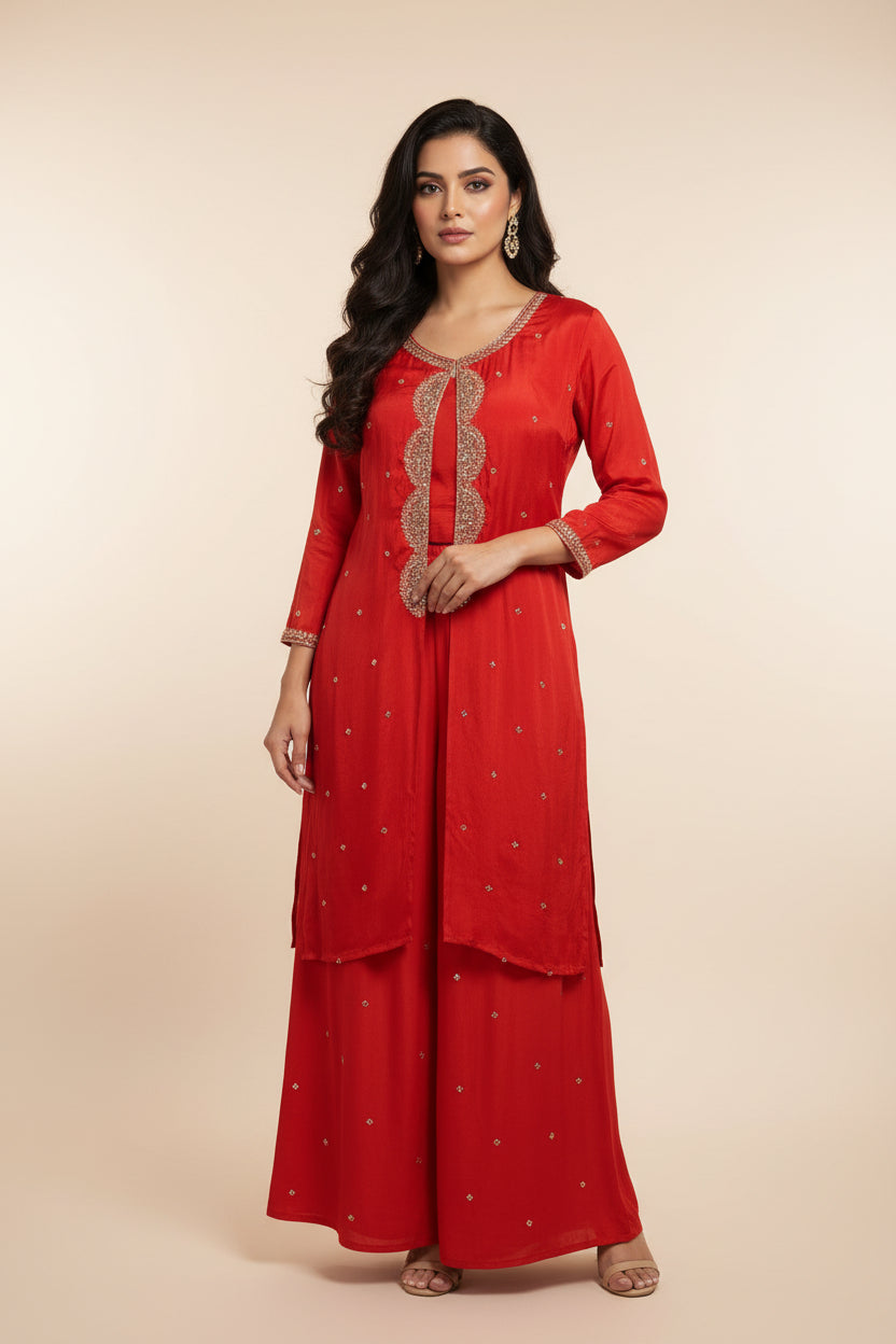 “Pari" Orange Designer Kurtha 43 Set with Handwork Top, Palazzo and Jacket Indo-western