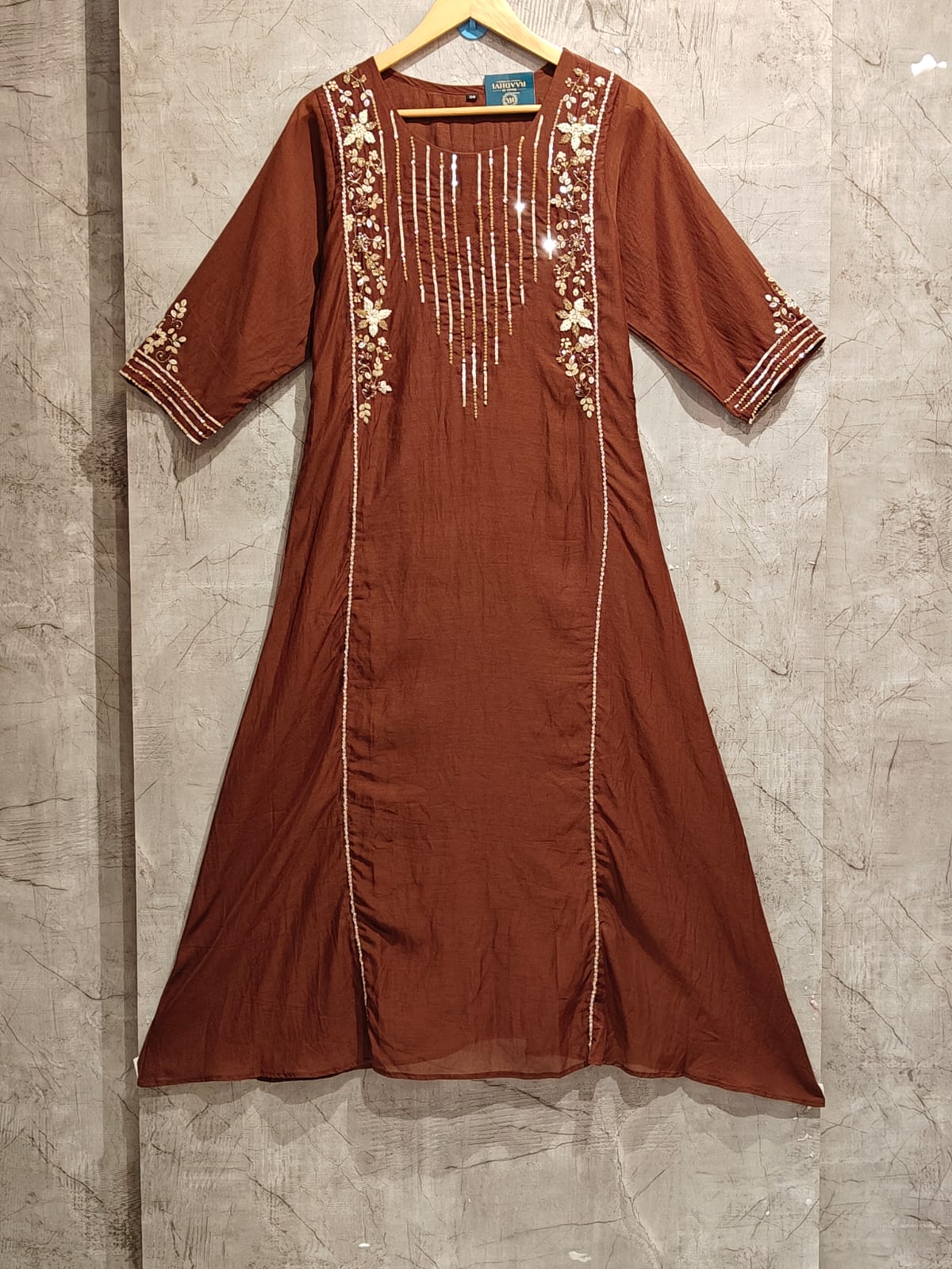 Coffee Brown Mul Chanderi Silk Airline Handwork Kurtha 434 Set