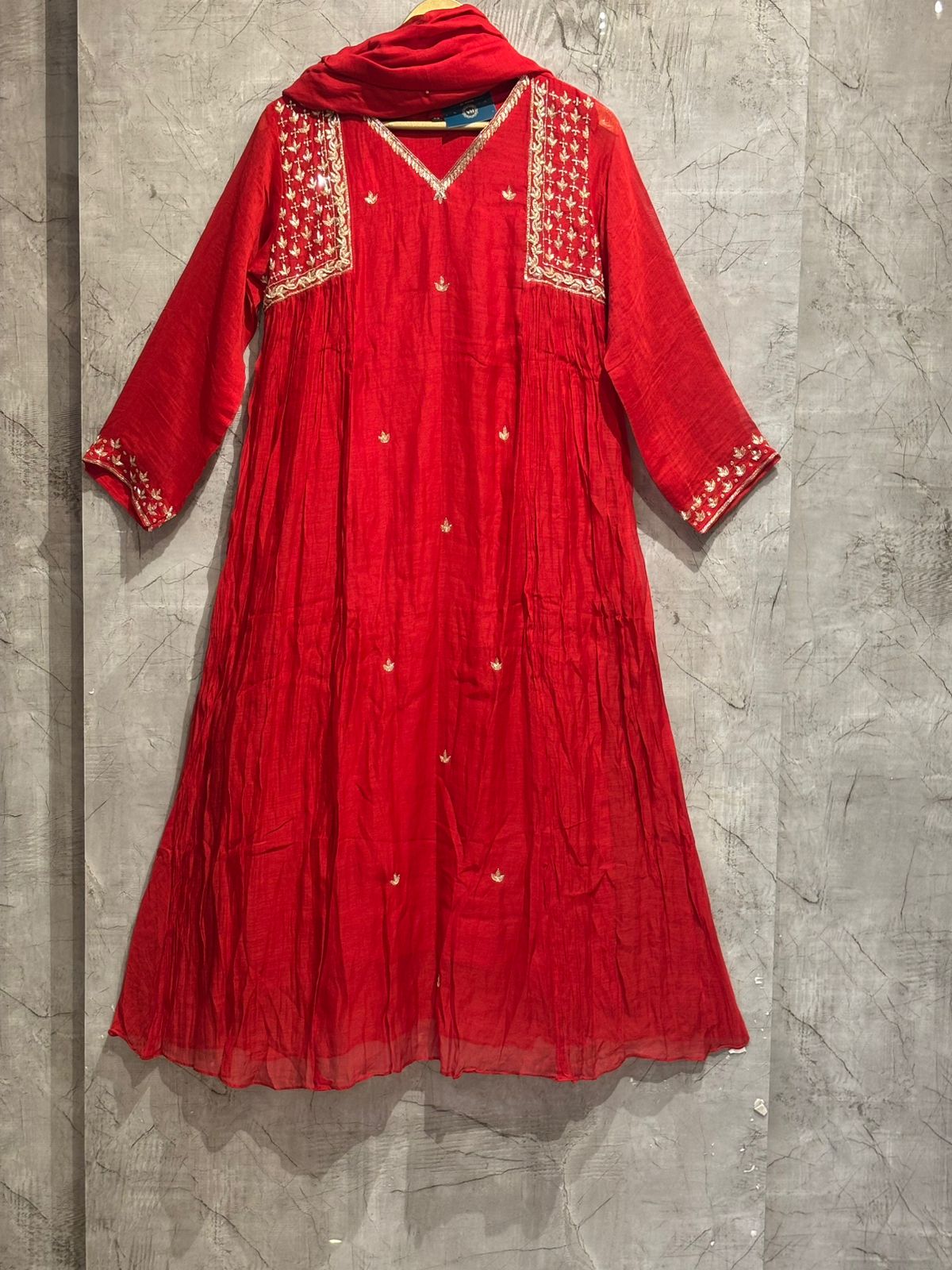 Red Mul Chanderi Hand Embroidery Airline Kurtha 666