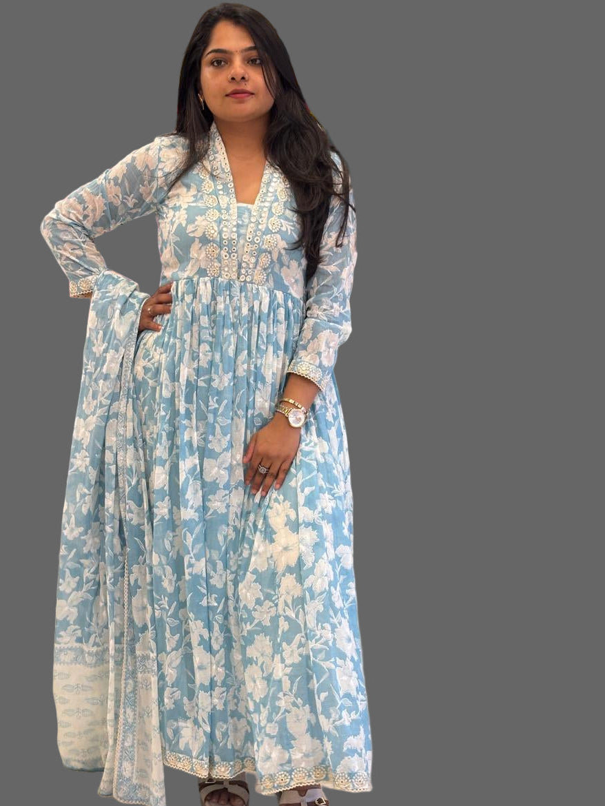 “Naya” Sky blue Mul Cotton 3pcs Kurtha suit with block prints and embroidery 242