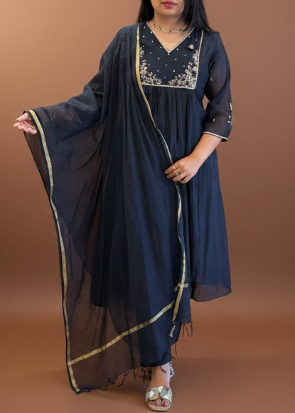 Black Mul Chanderi Hand Embroidery Anarkali Kurtha 228