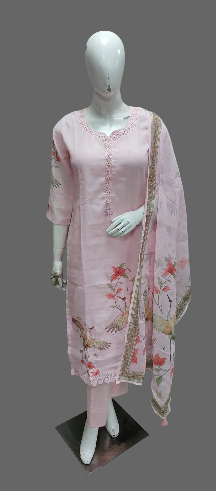 Baby Pink Linen Straight Fit Handwork Kurtha