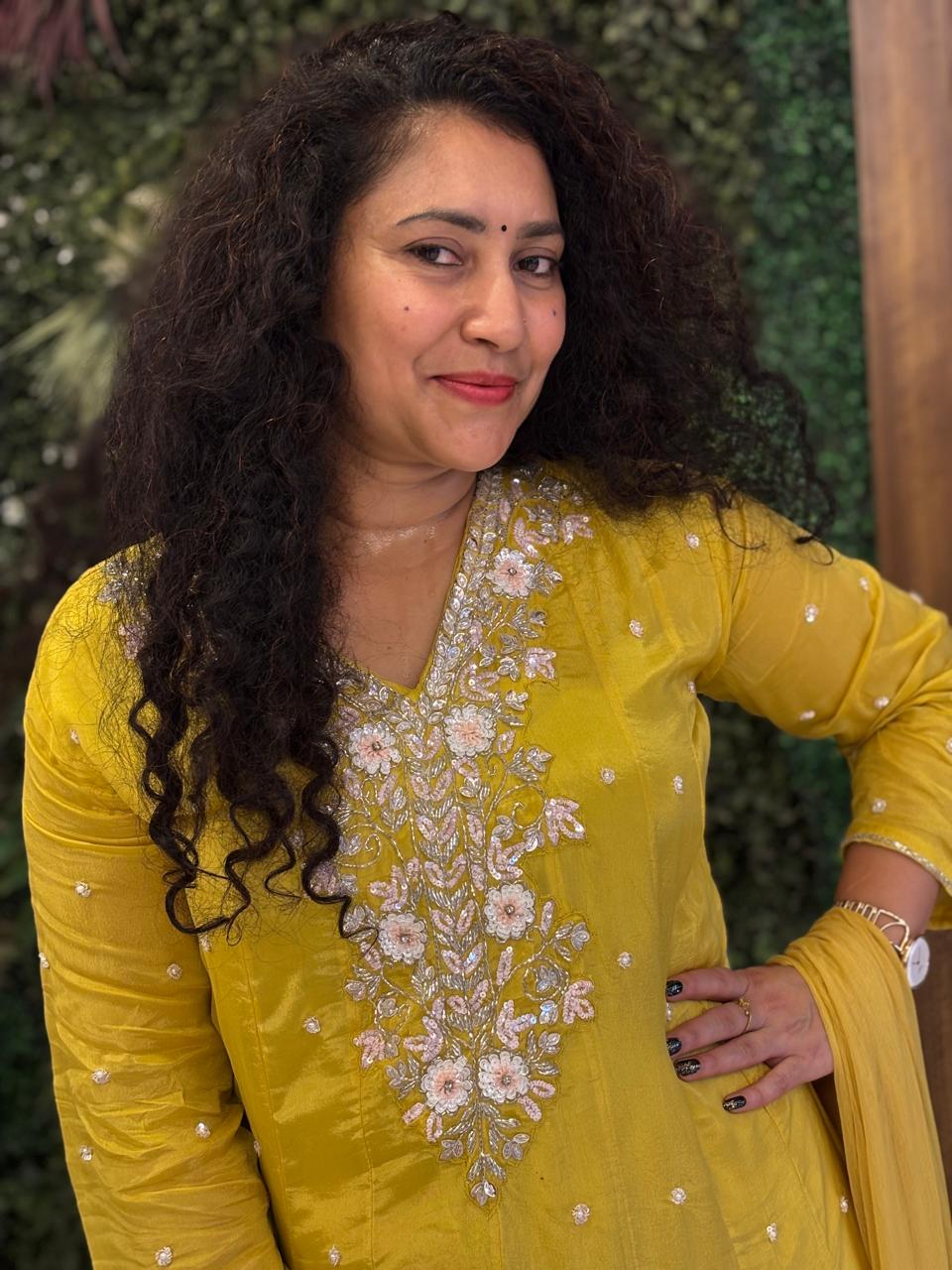 Yellow Anarkali Chinnon Hand Embroidery Kurtha 567