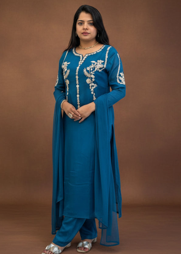 Blue Chinnon Hand Embroidery kurtha 602