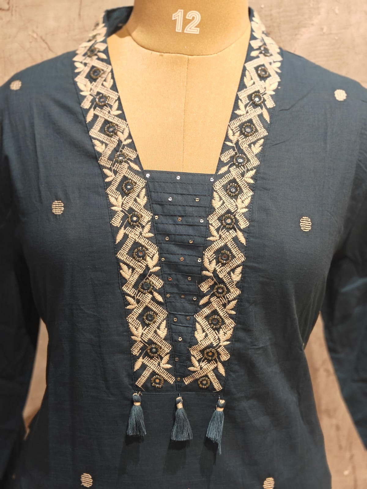 Dark Blue Cotton Block Print Straight Fit Plus Size Kurtha