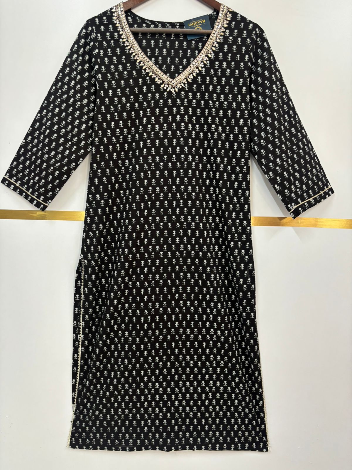 Black Cotton Block Print Straight Fit Kurtha 252