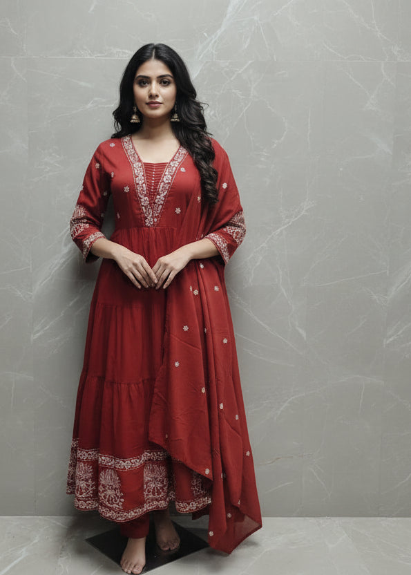 Orange Cotton Thread Embroiedry Anarkali  Kurtha