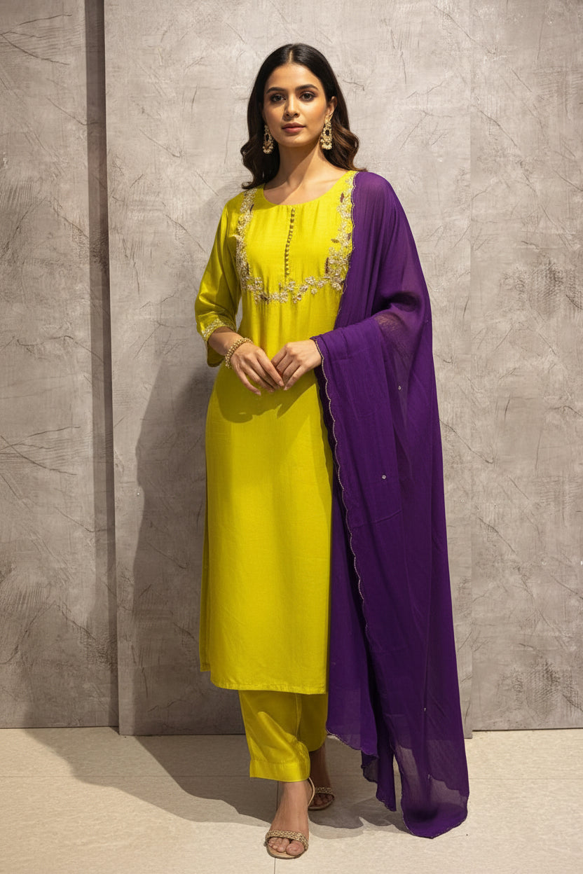 Green Dola Silk Handwork Straight Fit Kurtha 249