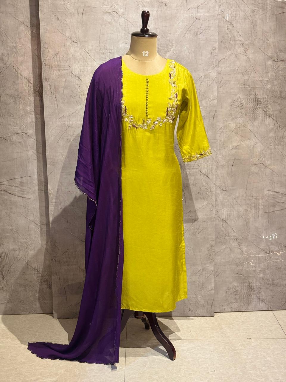 Green Dola Silk Handwork Straight Fit Kurtha 249