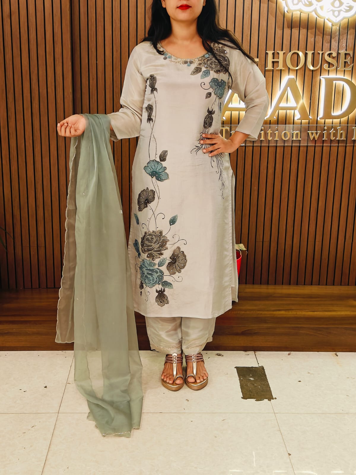 “Chandini" Blue Floral tissue shimmer silk Kurtha suit with work hand embroidery