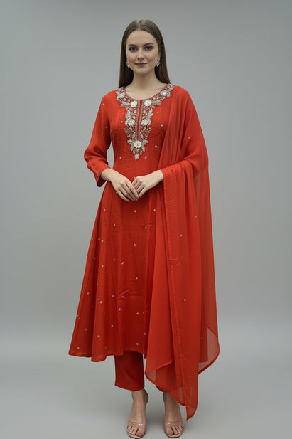 Orange Anarkali Chinnon Hand Embroidery Kurtha 567