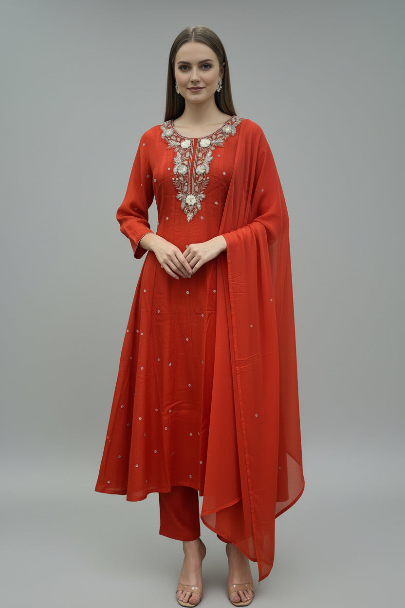 Orange Anarkali Chinnon Hand Embroidery Kurtha 567