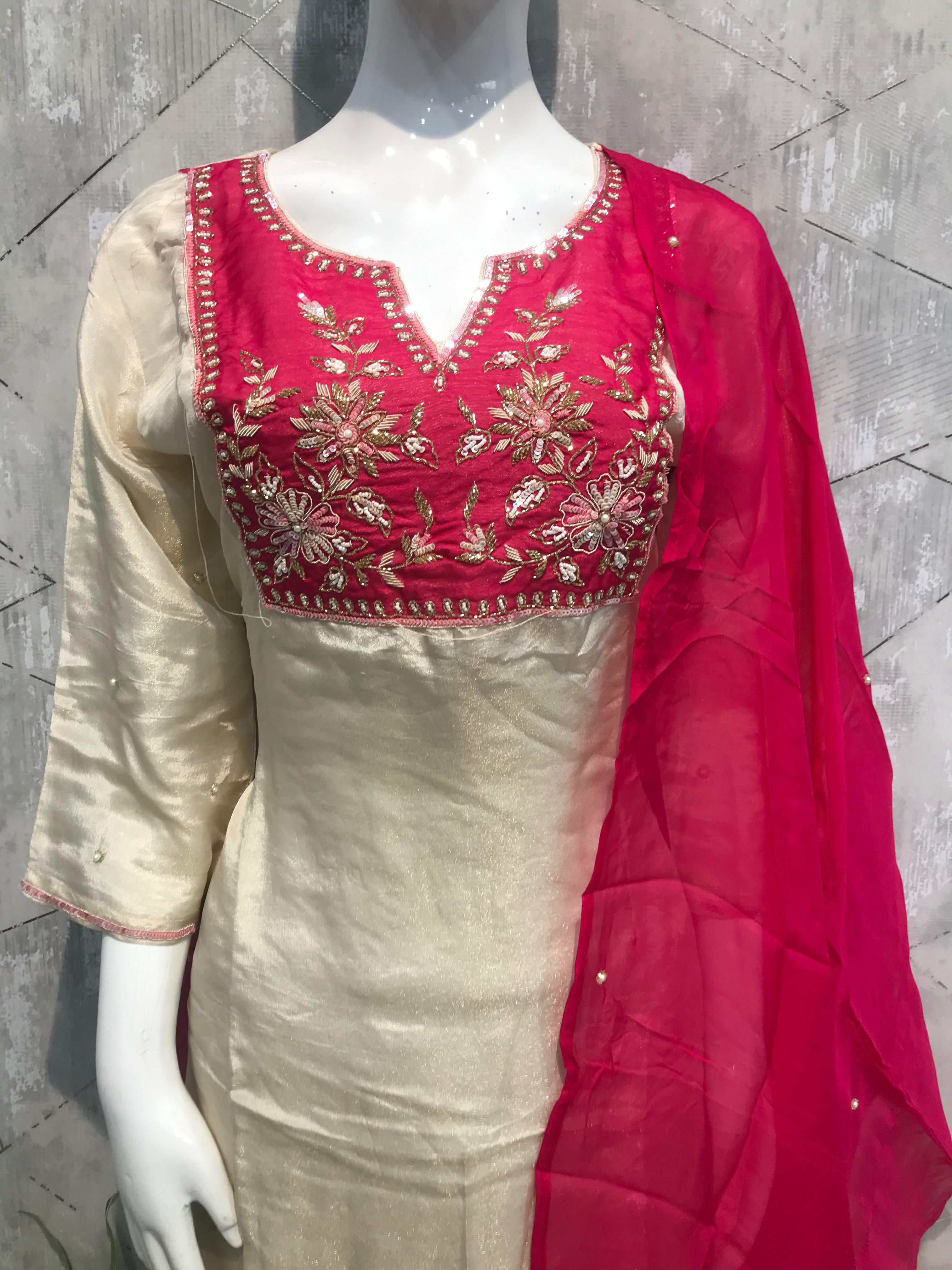 White nd Pink Shimer Hand Embroidery Straight Fit Kurtha 341