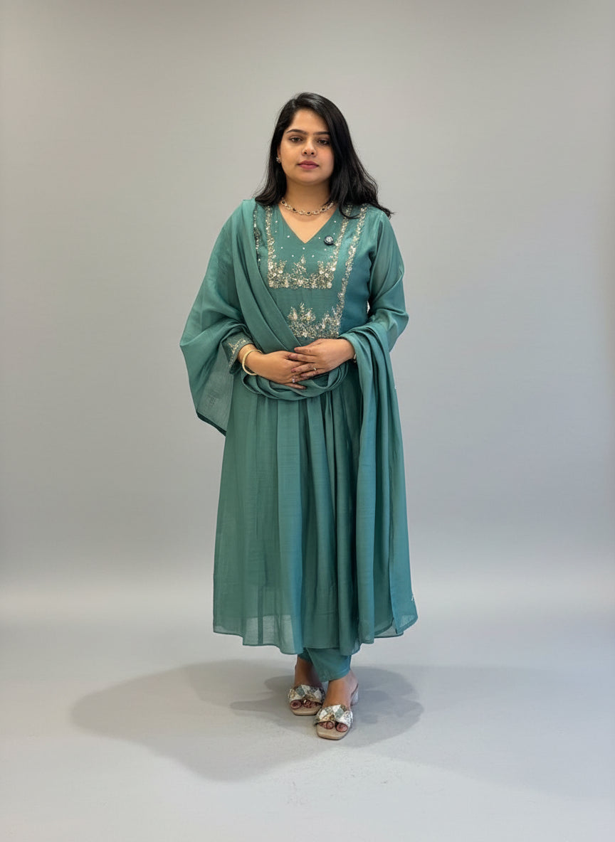 Green Mul Chanderi Silk Anarkali Handwork Kurtha Set 111