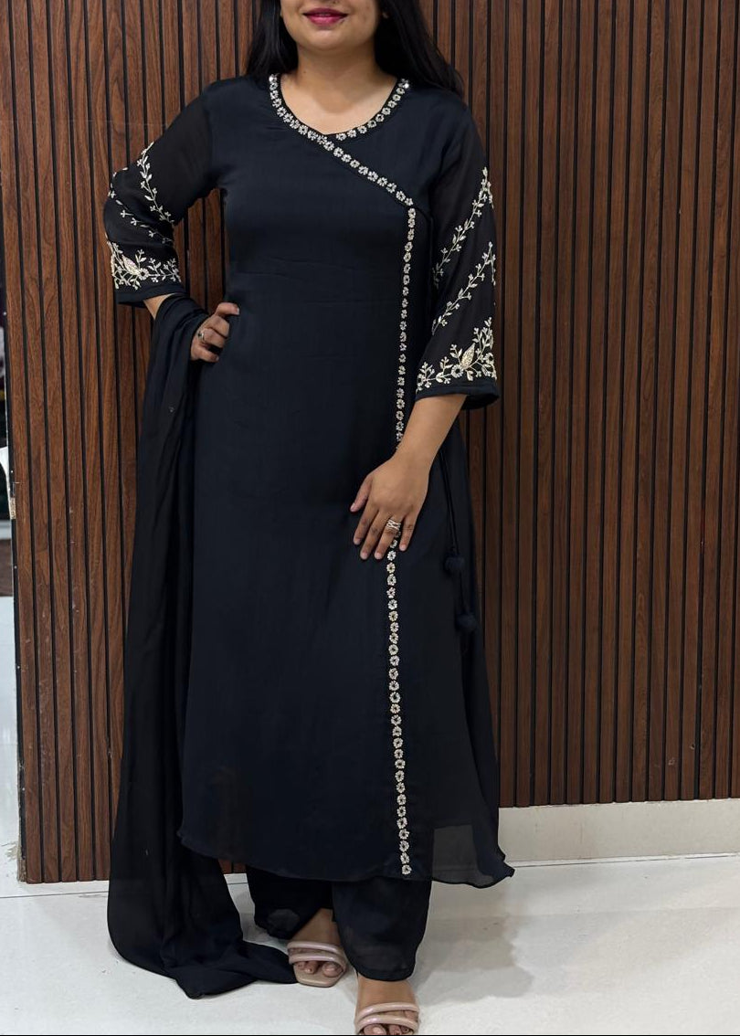 Black Chinnon Thread Embroidery Airline Kurtha