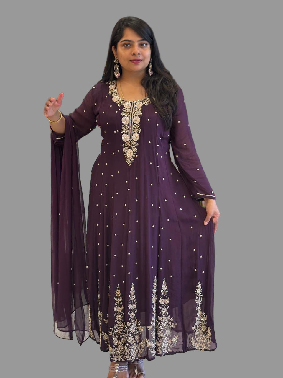 Dark Purple Anarkali Chinnon Hand Embroidery Kurtha 567