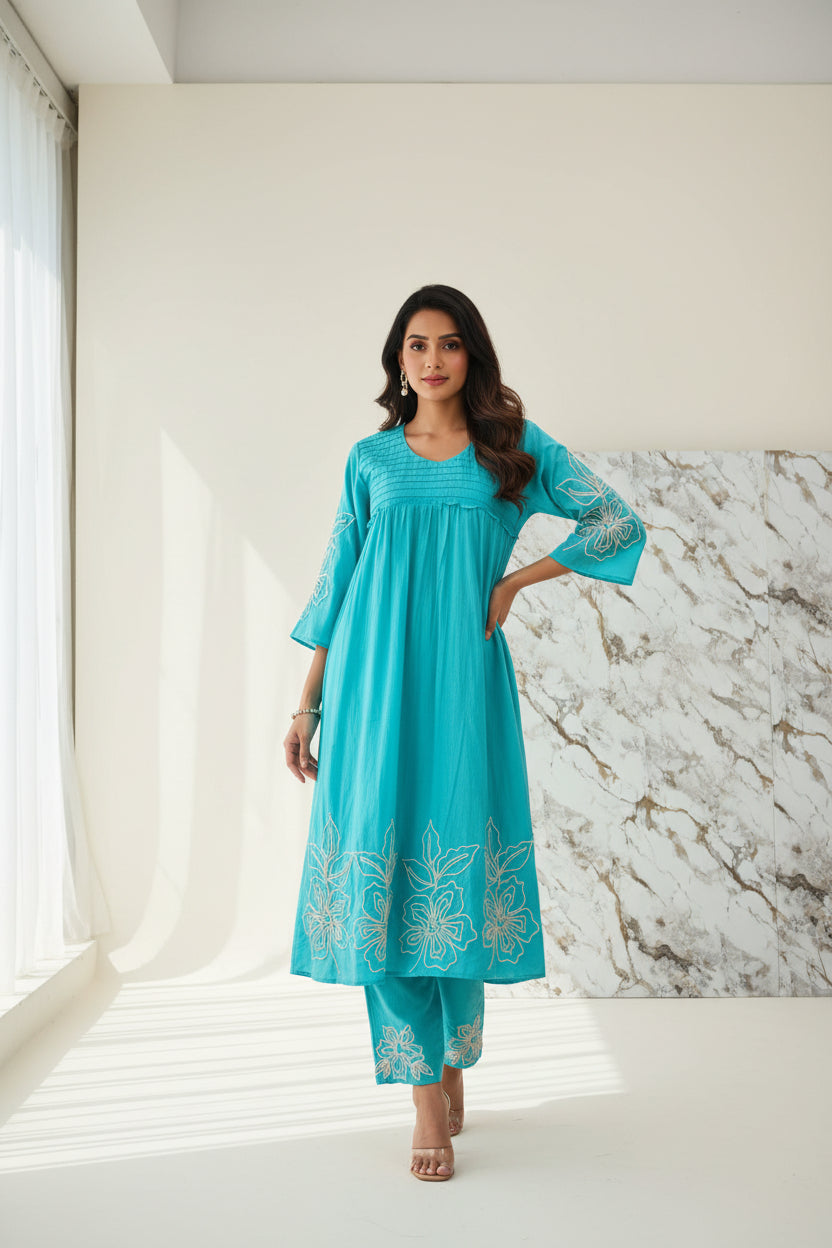 Sky Blue Crepe Thread Embroidery Cord Set Kurtha 483