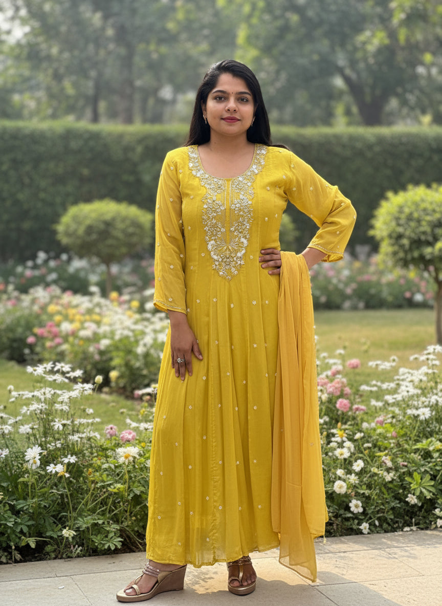 Yellow Anarkali Chinnon Hand Embroidery Kurtha 567