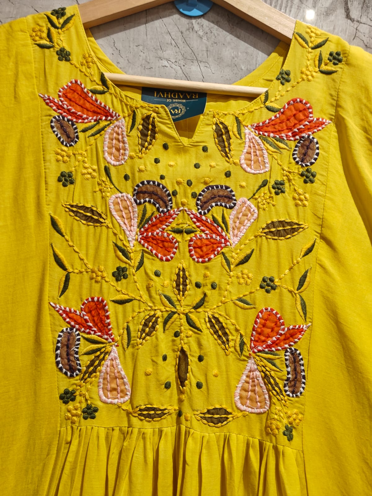Yellow Mul Chanderi Anarkali Handwork Kurtha