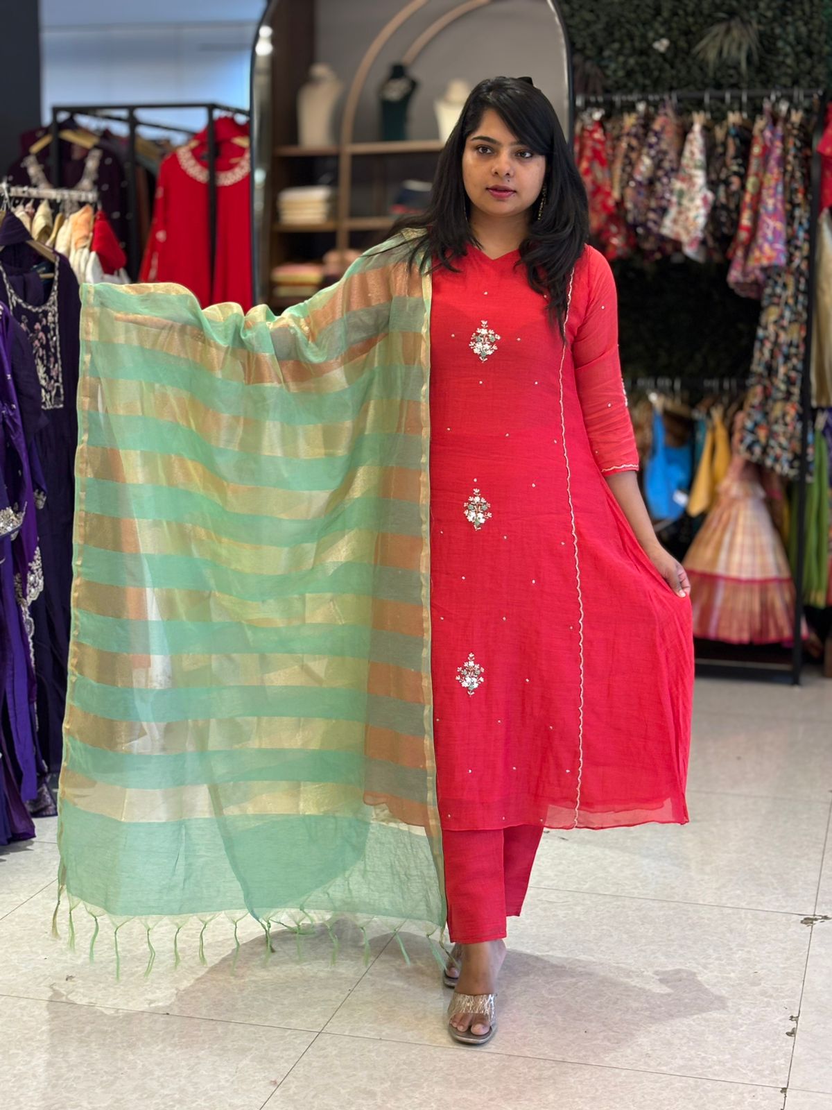 “Pani" Red Mul Chanderi Silk Kurtha 101 With Handwork Embroidery