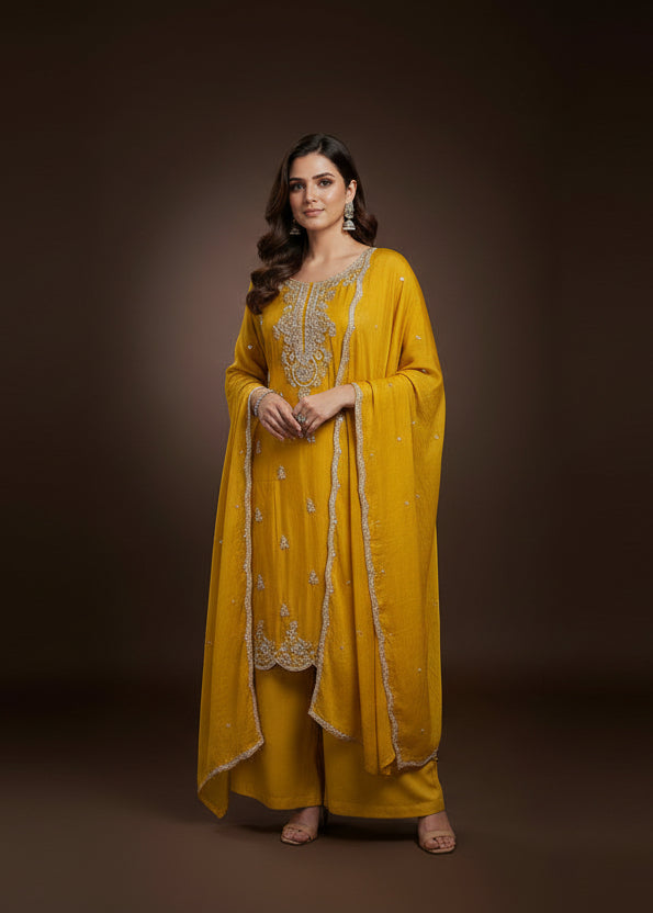 Yellow Chinnon Hand Embroidery Sharara Kurtha 464