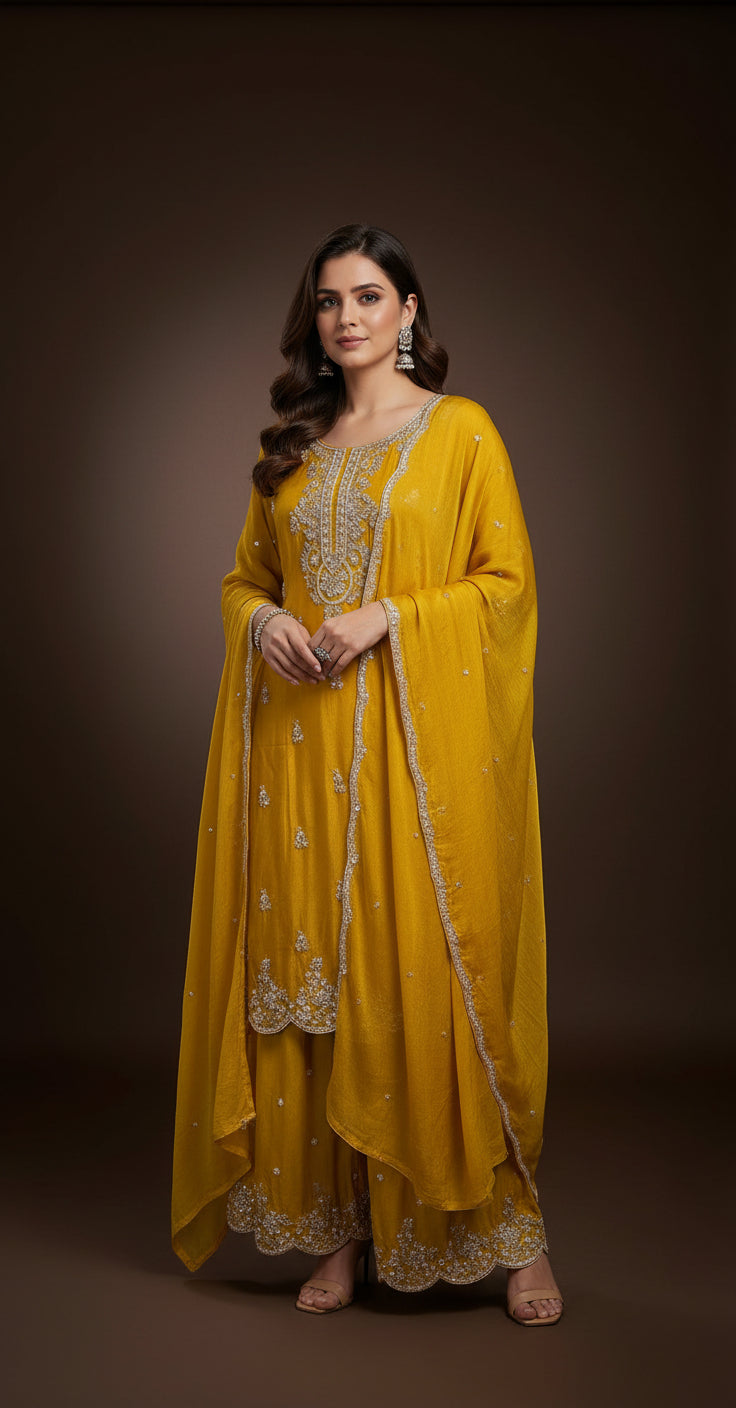 Yellow Chinnon Hand Embroidery Sharara Kurtha 464