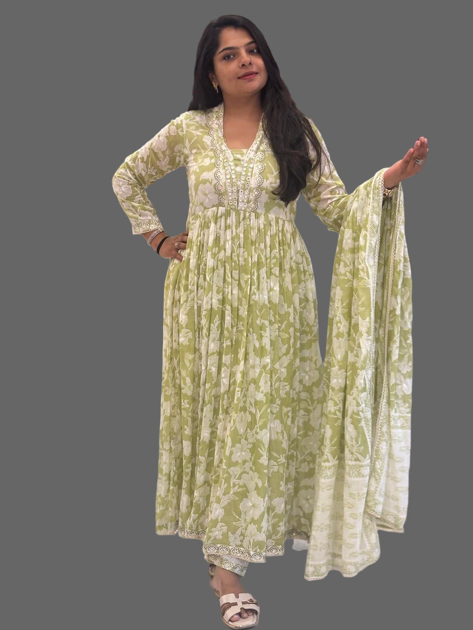 “Nari” Green Mul Cotton 3pcs Kurtha suit with block prints and embroidery 242