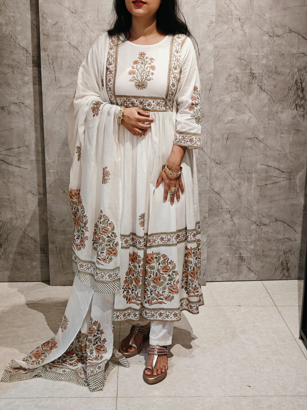 White Mul Cotton Block Print Anarkali Kurtha 98