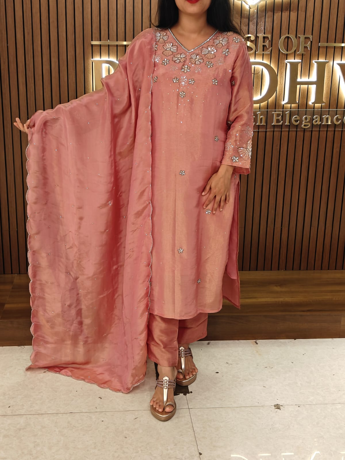 “Chandini" pink tissue Shimmer silk Kurtha suit with work hand embroider kurtha 088