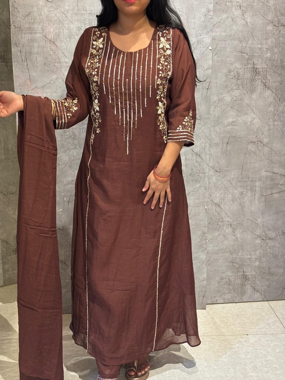 Coffee Brown Mul Chanderi Silk Airline Handwork Kurtha 434 Set