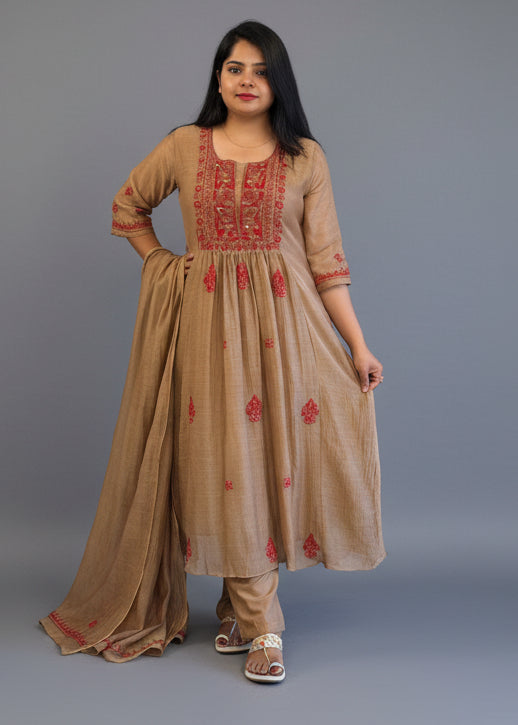 Light Brown Mul Chanderi Hand Embroidery Airline Kurtha 935