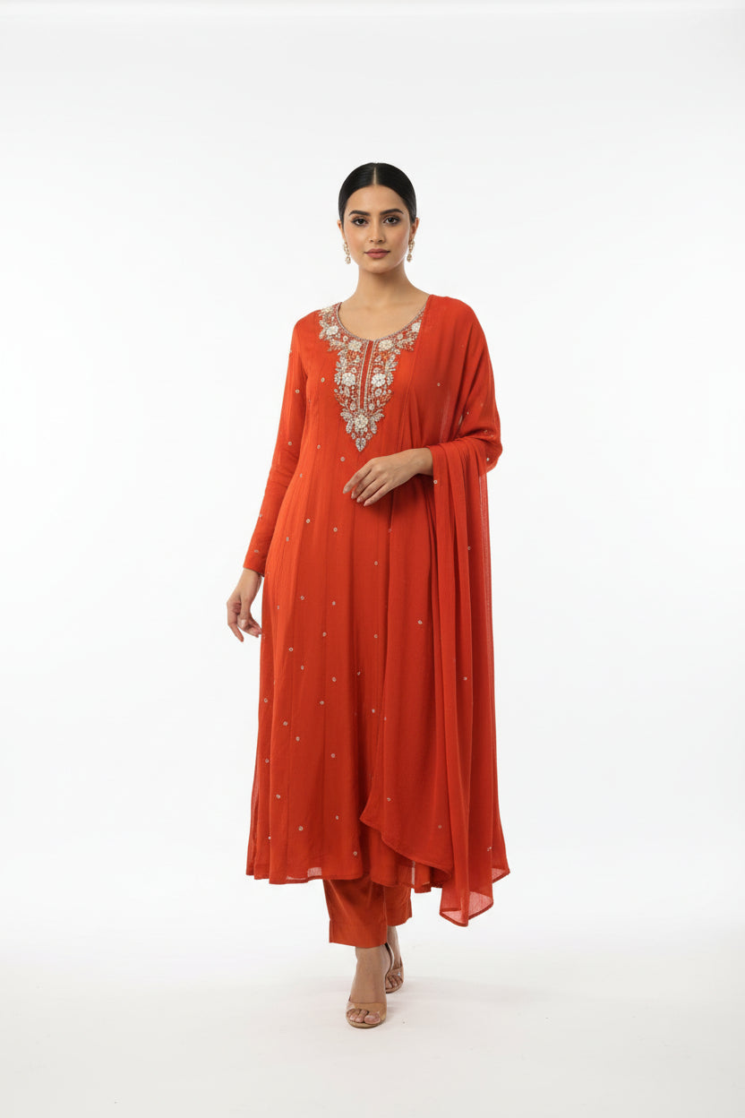 Orange Anarkali Chinnon Hand Embroidery Kurtha 567