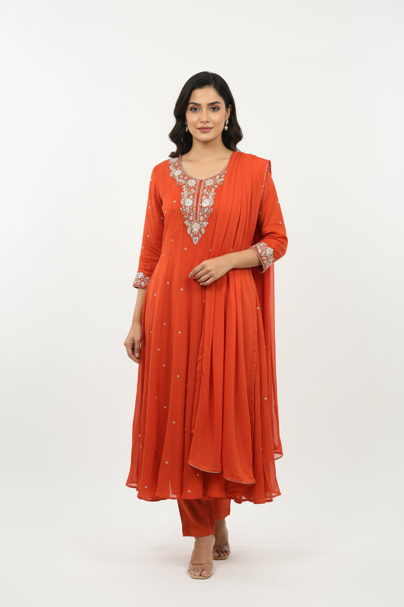 Orange Anarkali Chinnon Hand Embroidery Kurtha 567