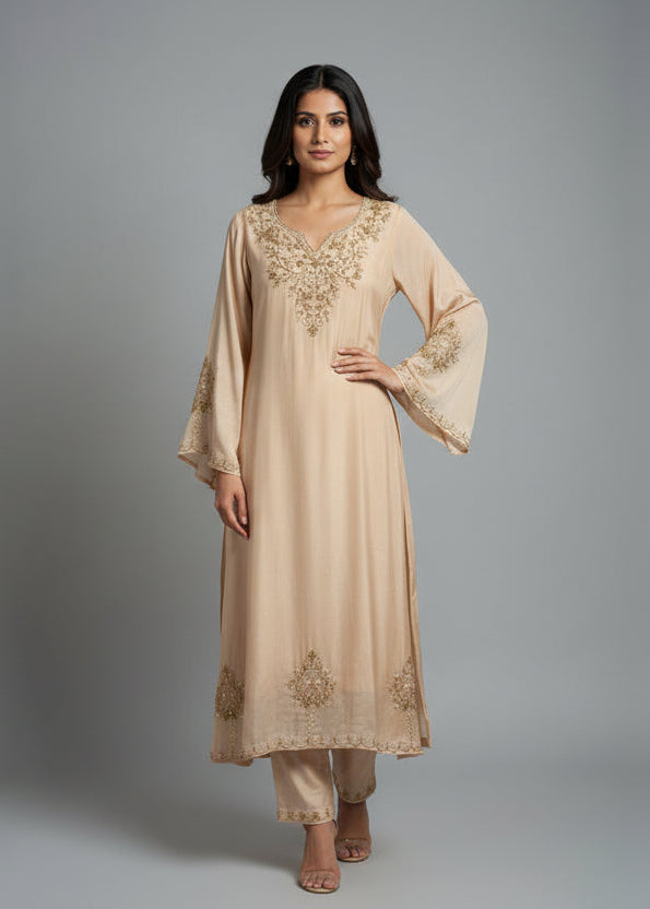 Cream Chinnon Hand Embroidery Airline Kurtha 673