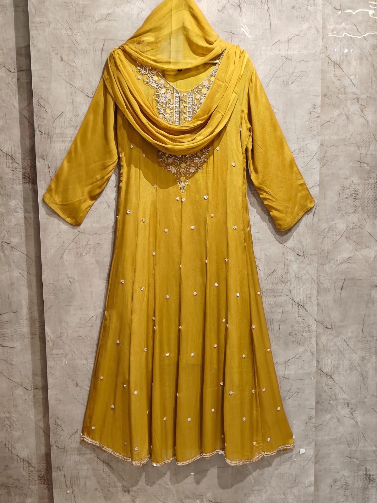 “Pari" Yellow Anarkali chinnon handwork party ware Kurtha set