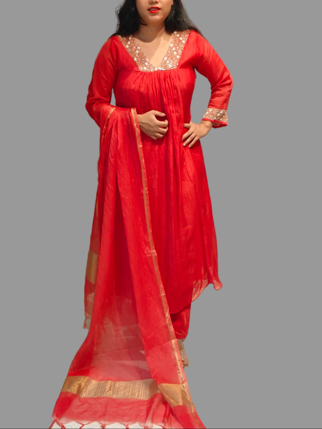 Red Mul Chanderi Hand Embroidery Airline Kurtha 324