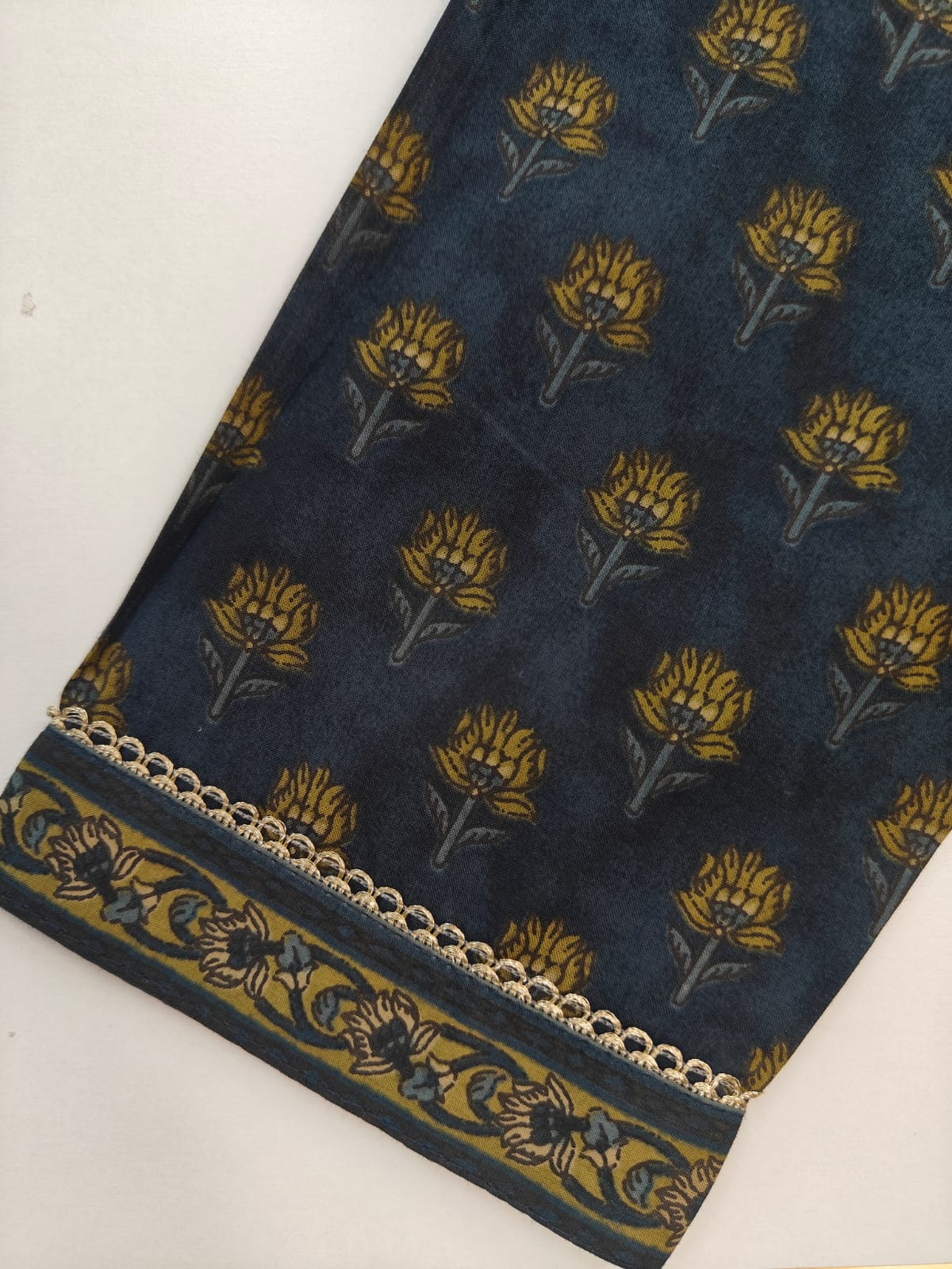 Steal Blue Cotton Block Print Straight Fit Kurtha