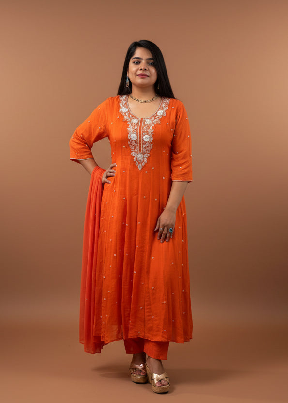 Orange Anarkali Chinnon Hand Embroidery Kurtha 567
